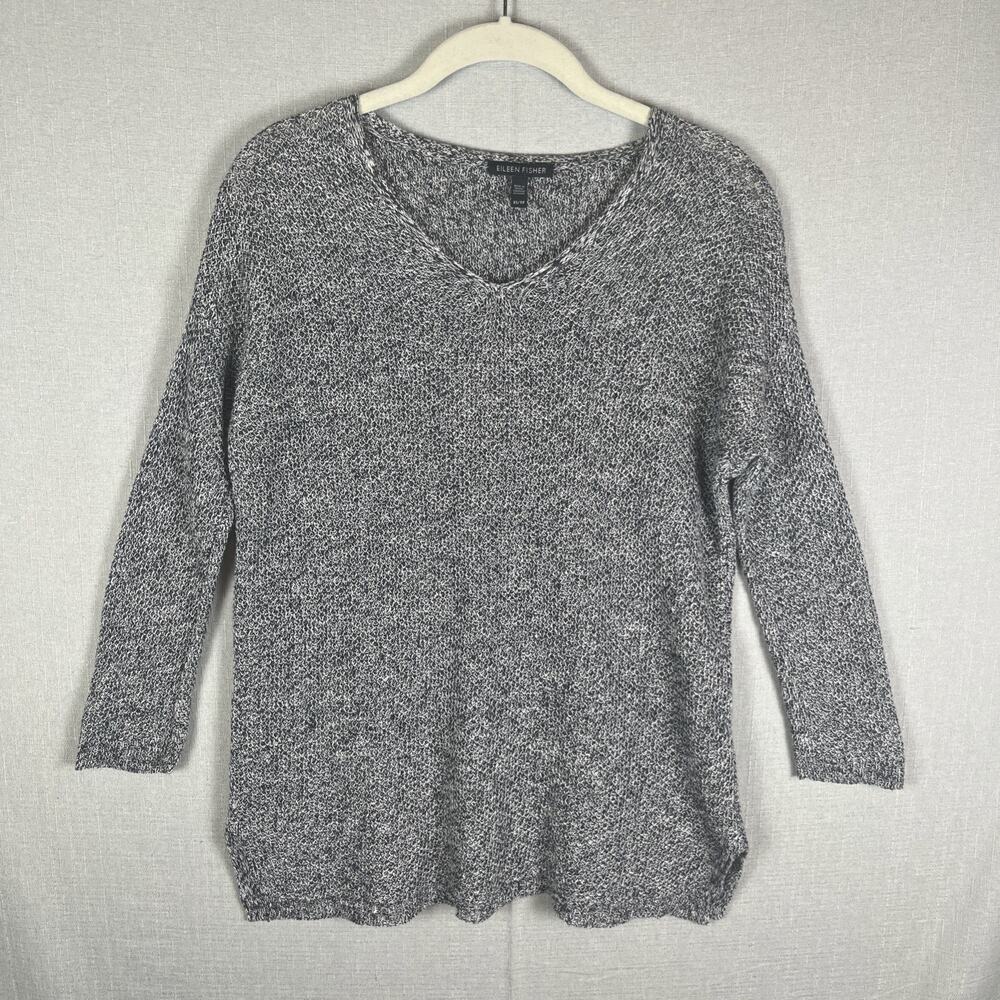 Eileen Fisher 100% Organic Linen Sweater Tunic Open Knit Gray Black White XS TP